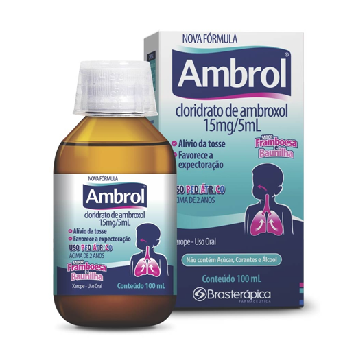 Ambrol 15mg/5mL, caixa com 1 frasco com 100mL de xarope + 1 copo