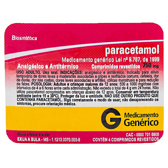 Paracetamol Biosintética 750mg Caixa Com 200 Comprimidos Revestidos Embalagem Múltipla