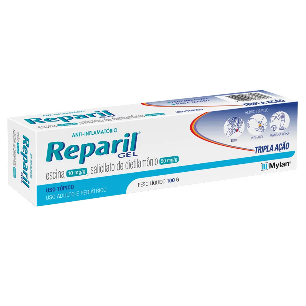 Reparil 10mg/g + 50mg/g, caixa com 1 bisnaga com 100g de gel de uso