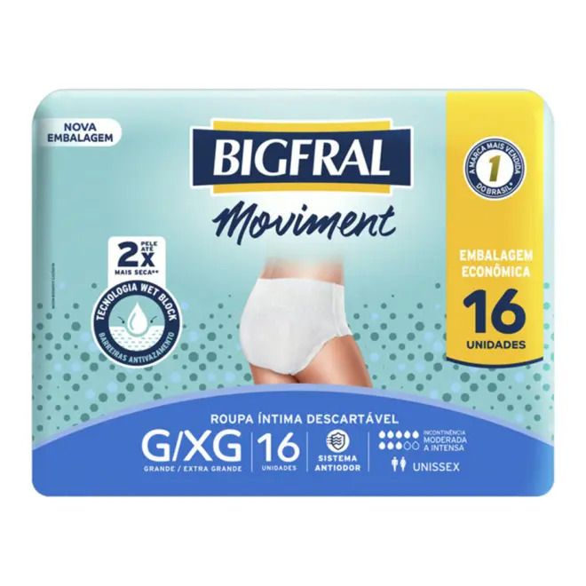 Roupa Íntima Bigfral Unissex Moviment G/Xg Com 16 Unidades