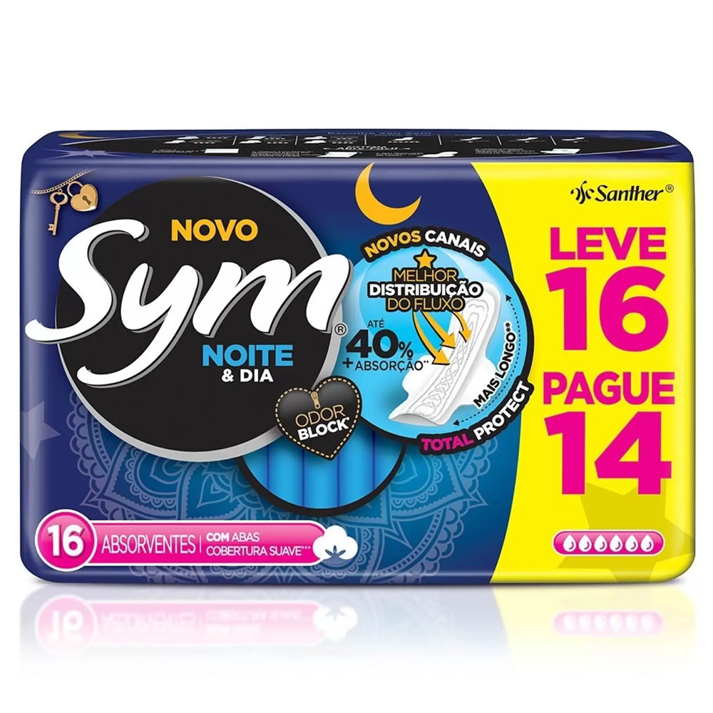 Absorvente Sym Noite e Dia Total Protect suave, com abas, leve 16 e ...