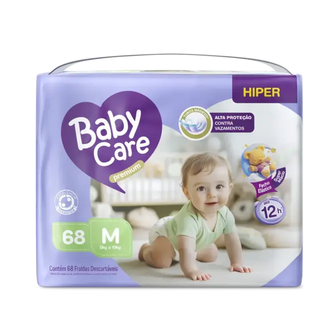 Fralda Baby Care Premium Hiper M – Pacote com 68 unidades